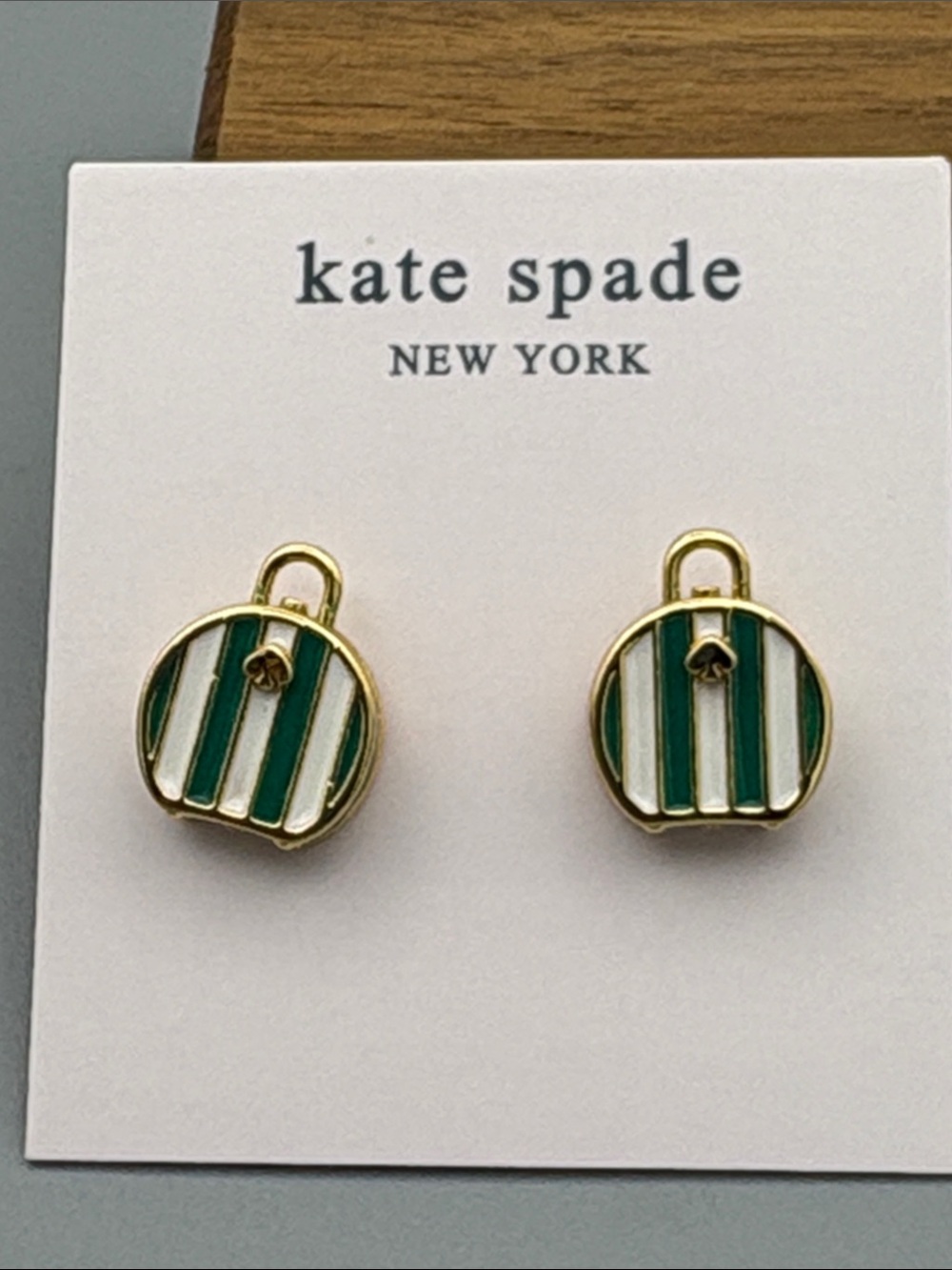 kate spade Green and White Striped Enamel Baggage Stud Earrings with Gold Accent